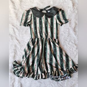 Girlhood Striped Wallpaper Green and White Dress with Bow Detail 7/8